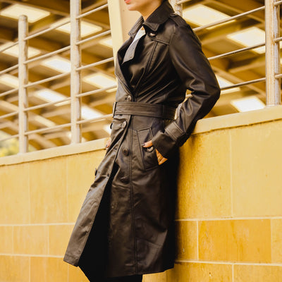 Womens Leather Long Coat-Black