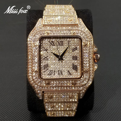 MISSFOX Ice Out Square Watch For Men Top Brand Luxury Full Diamond Mens Watches Ultra Thin Waterproof Hip Hop Clock Dropshipping