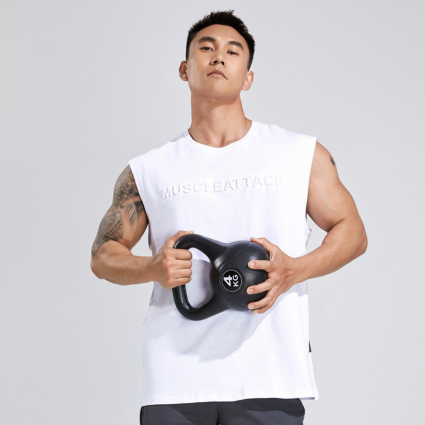 Summer Youth Fitness New Printed Cotton Wide Shoulder Vest For Men