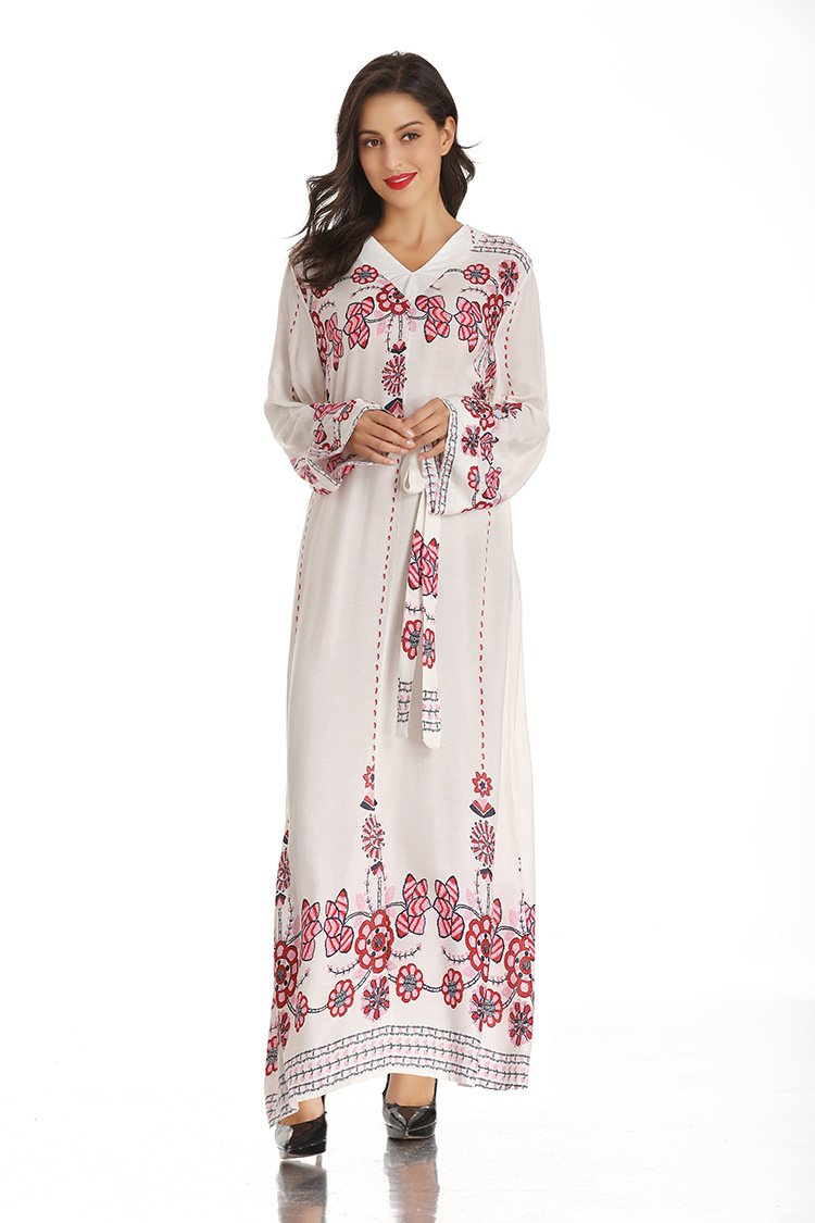 Muslim Ethnic Style New Dress Waist-Controlled Long Sleeves V-neck