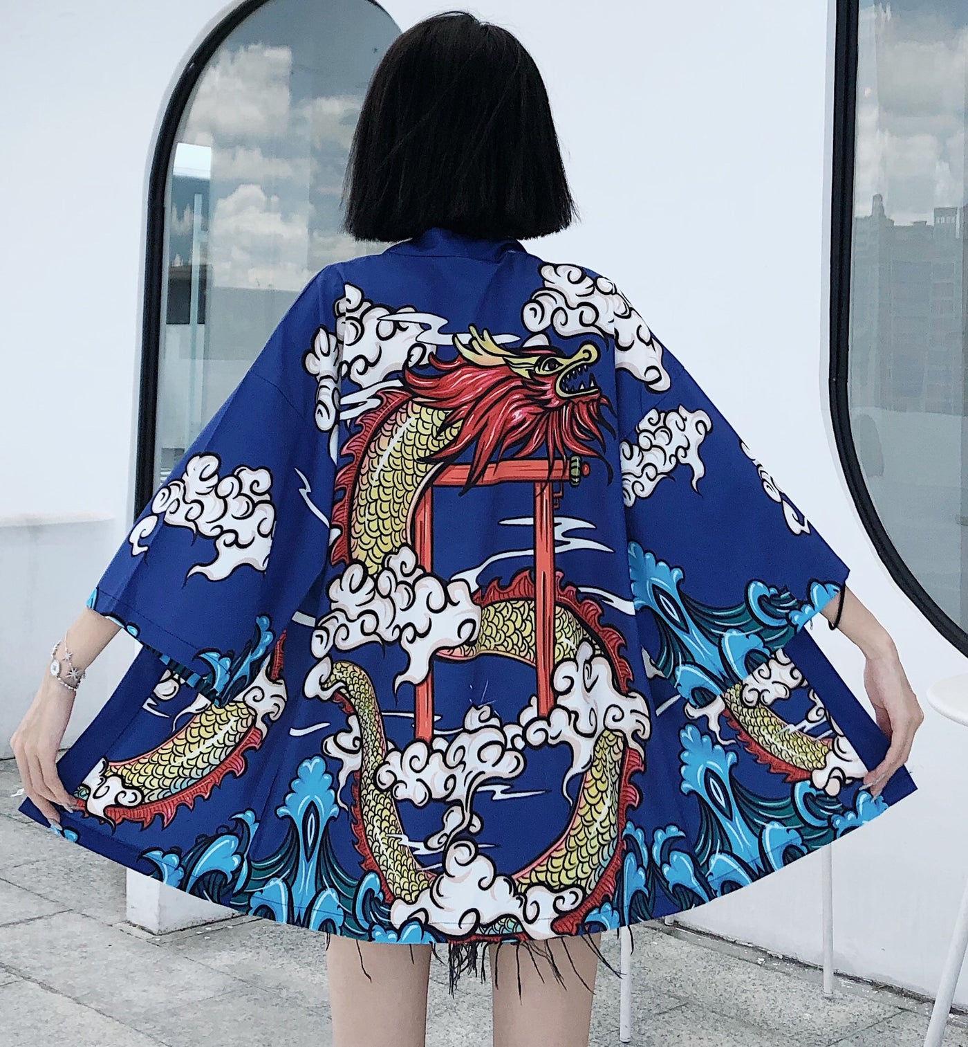 Yukatax Haori Fashion Anime Dragon Print Japanese Kimono Cardigan Summer Women Belt Costume Clothing Black Jacket Shirt Cosplay