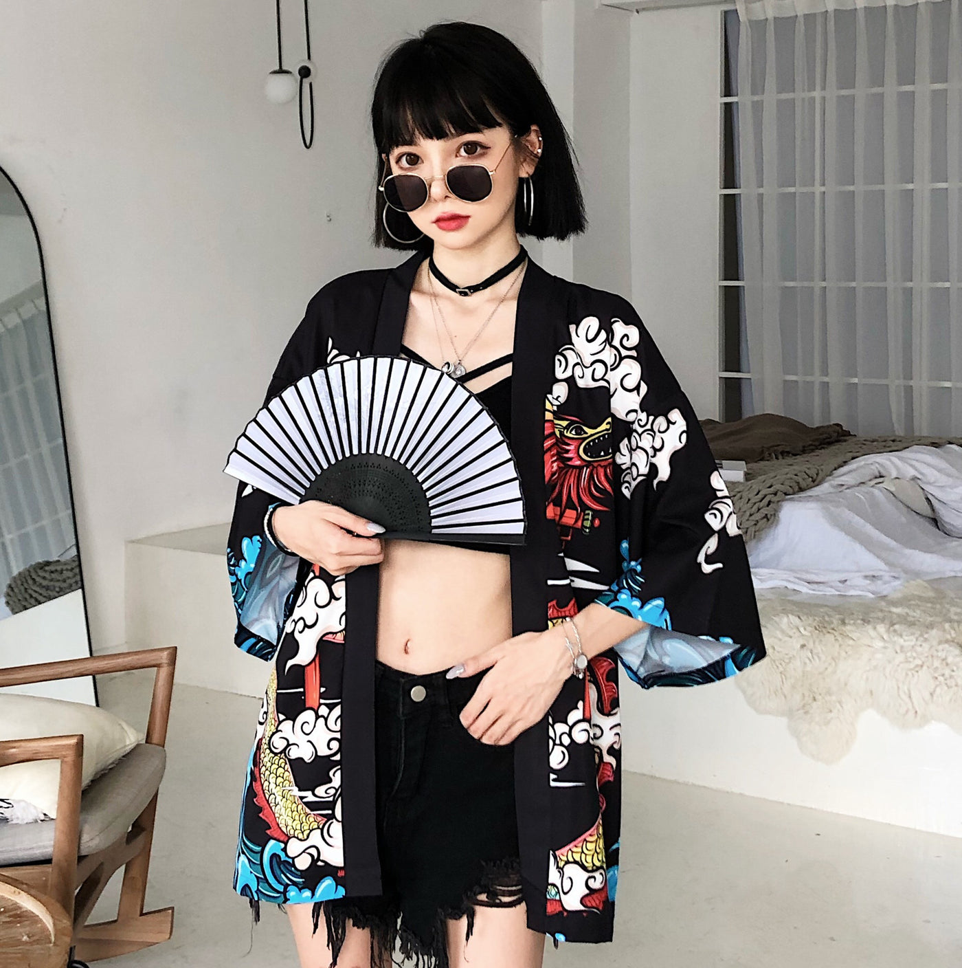 Yukatax Haori Fashion Anime Dragon Print Japanese Kimono Cardigan Summer Women Belt Costume Clothing Black Jacket Shirt Cosplay