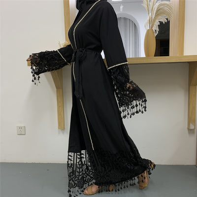 Middle East Muslim Fashion Beaded Lace Lace Stitching Cardigan Tassel Robe