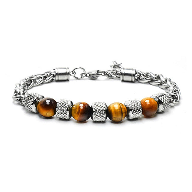 New Men's Adjustable Natural Stone Bead Stainless Steel Bracelet