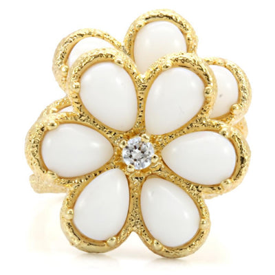 1W045 - Gold Brass Ring with Synthetic Synthetic Glass in White