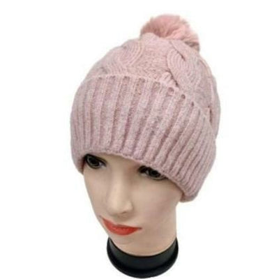 Furry Lined Hats With Pompom Beanie Women's Cable Design Hats