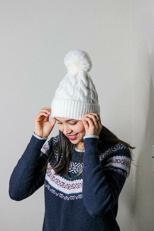 Furry Lined Hats With Pompom Beanie Women's Cable Design Hats