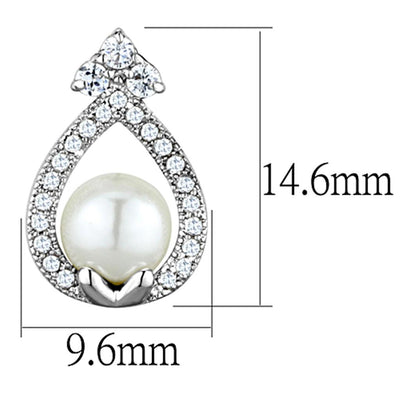 3W665 - Rhodium Brass Earrings with Synthetic Pearl in White