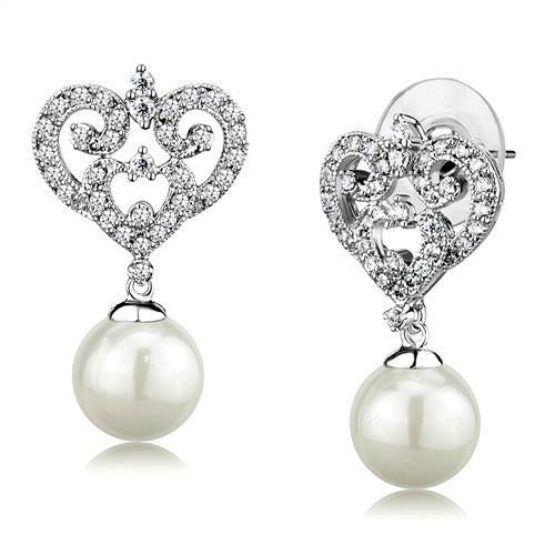 3W1353 - Rhodium Brass Earrings with Synthetic Pearl in White