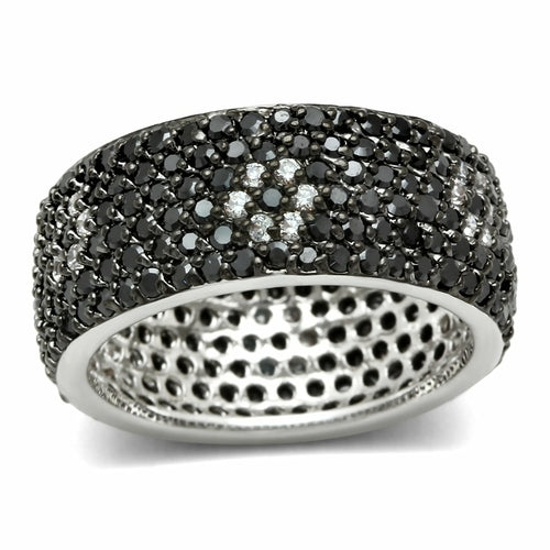 3W158 - Rhodium + Ruthenium Brass Ring with AAA Grade CZ  in Jet