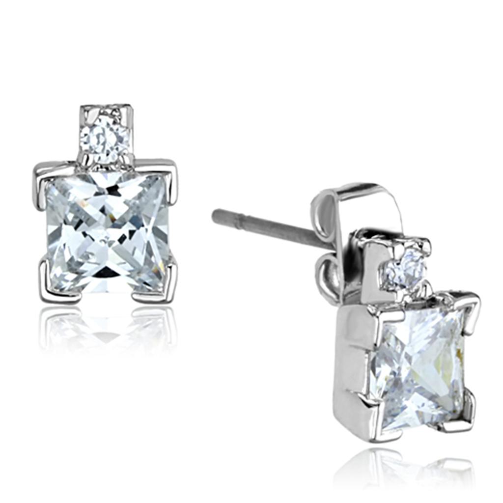 3W654 - Rhodium Brass Earrings with AAA Grade CZ  in Clear