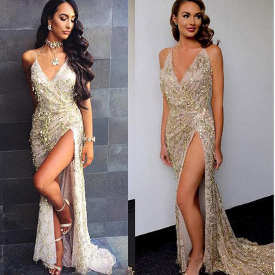 V-neck sexy halter strap sequin dress