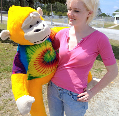 40-inches tall Yellow Groovy Hippie Monkey wearing Rainbow Tie Dye