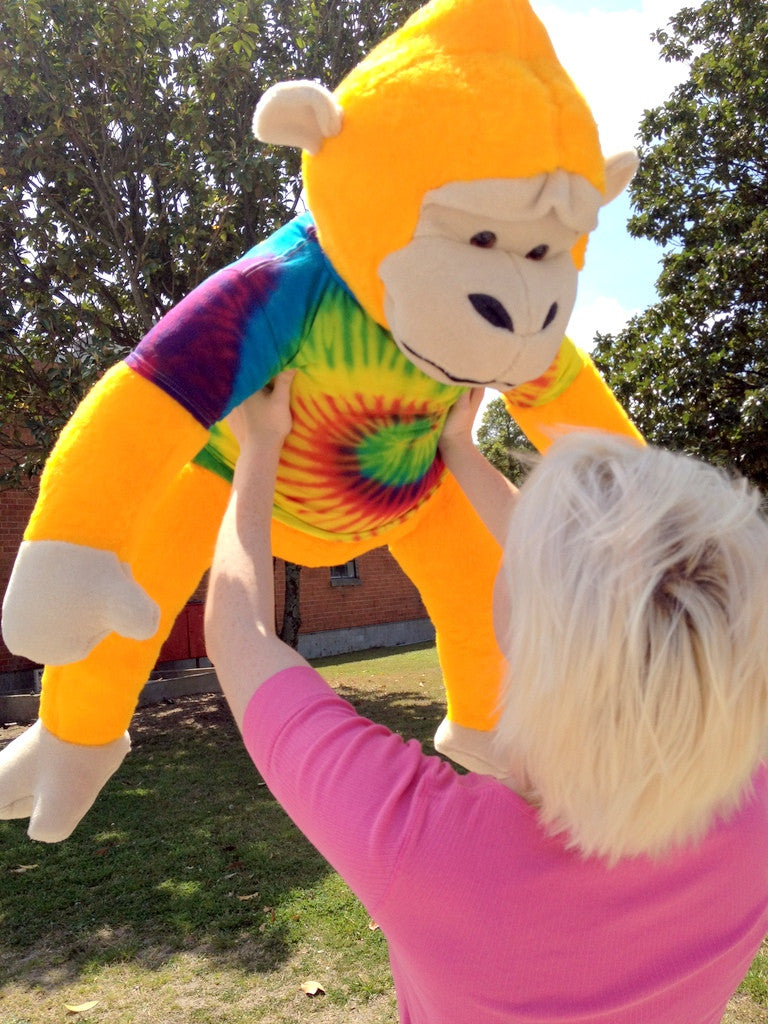 40-inches tall Yellow Groovy Hippie Monkey wearing Rainbow Tie Dye