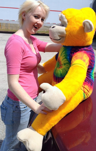 40-inches tall Yellow Groovy Hippie Monkey wearing Rainbow Tie Dye