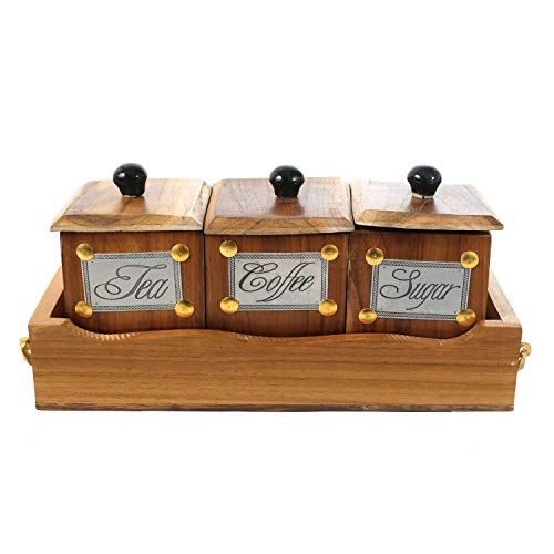 Teak Wood Antique Look Tea Coffee Sugar 3 Container Set With Lids in