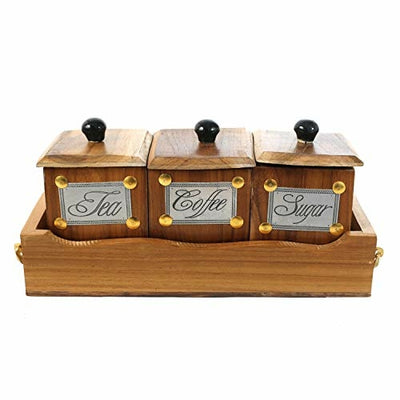 Teak Wood Antique Look Tea Coffee Sugar 3 Container Set With Lids in