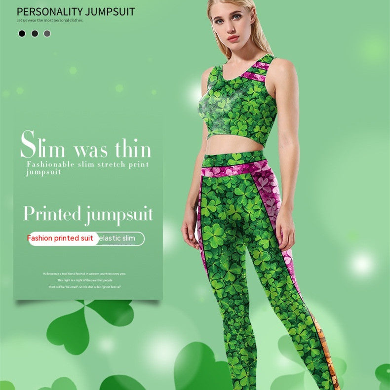 Saint Patrick's Day Digital Printing Festival Tank Top Bottom Yoga Suit Set For Women