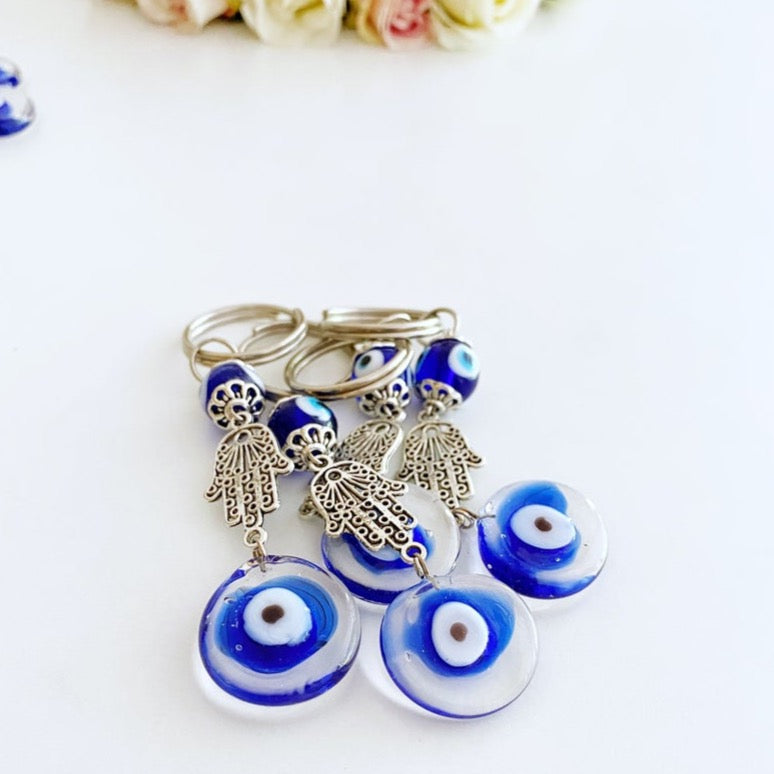 Silver Hamsa Evil Eye Keychain, Blue Glass Evil Eye Bead, Hamsa Hand