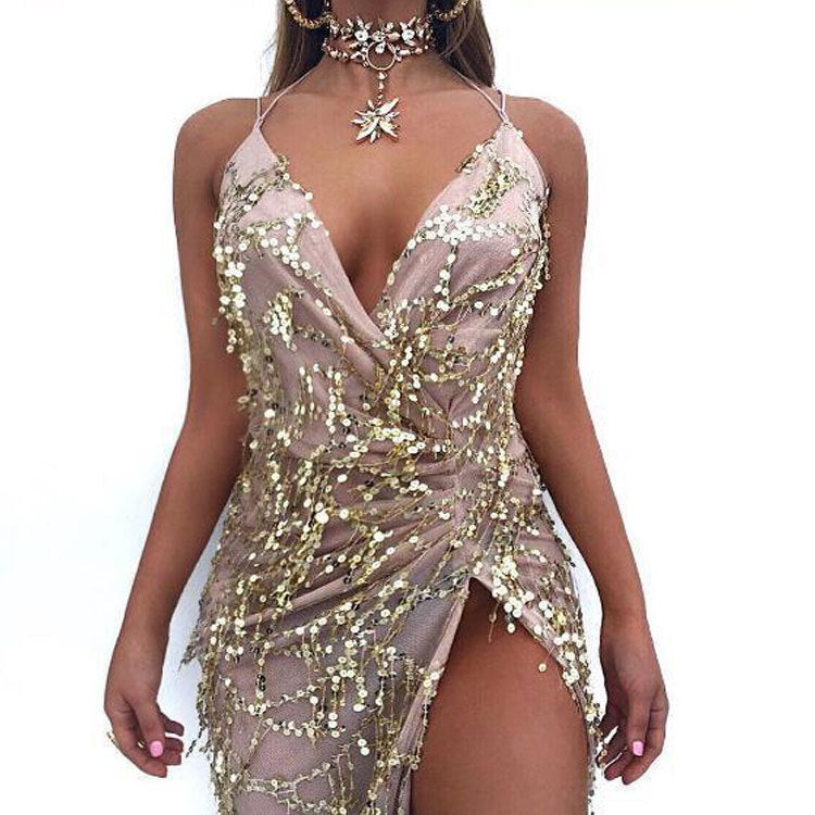 V-neck sexy halter strap sequin dress