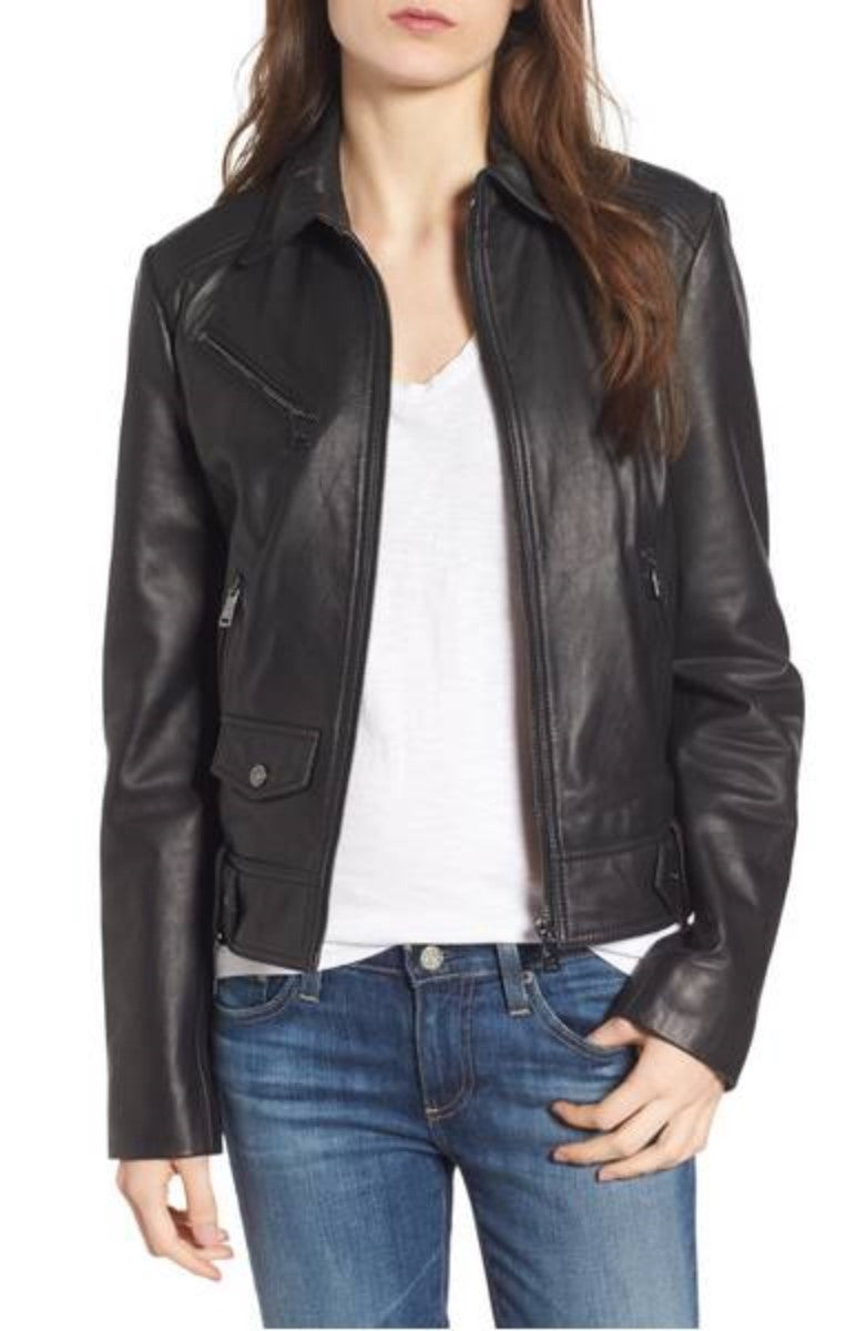 Women Real Lambskin Leather Biker Jacket KW325