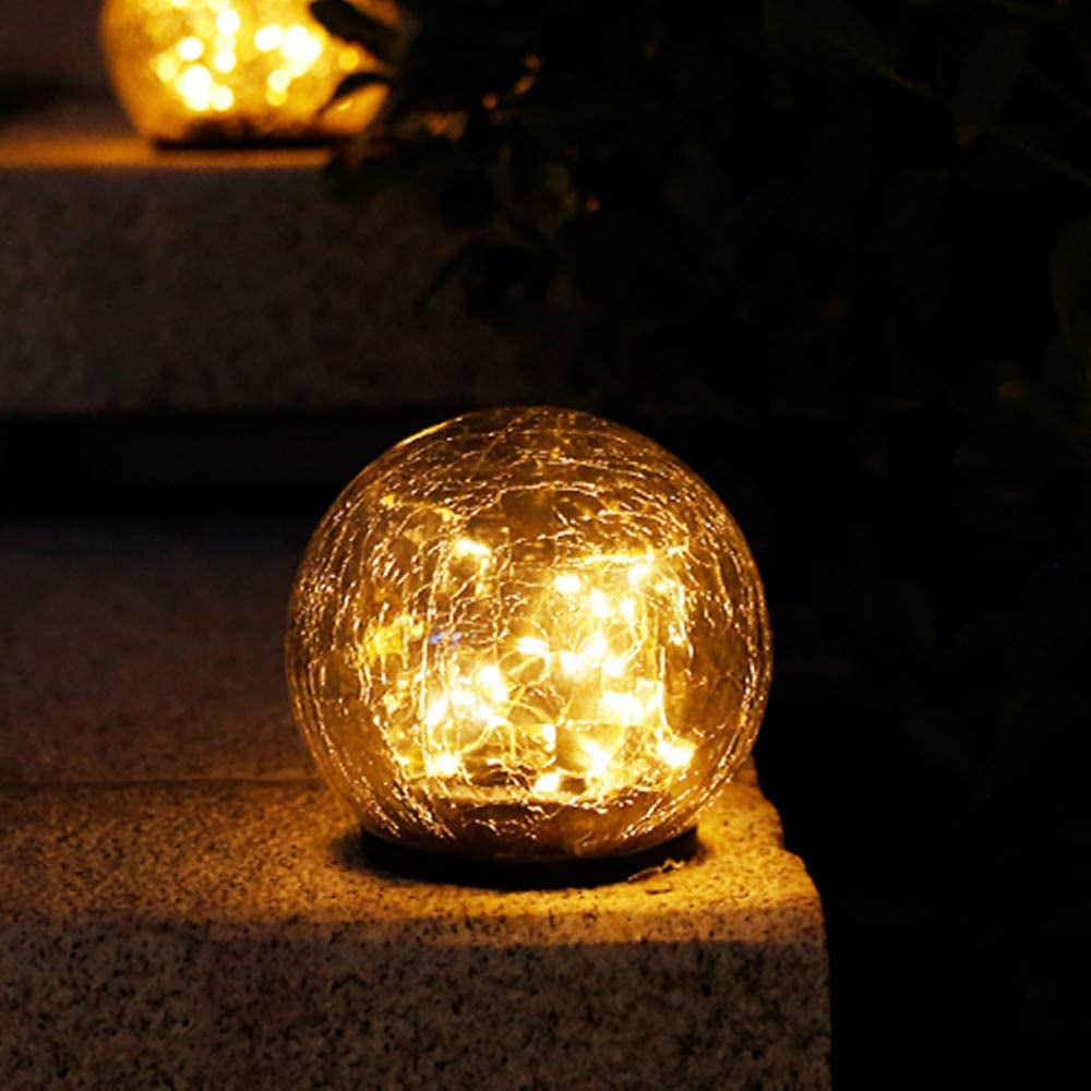 2Pcs Solar Lights Outdoor Garden Decor Cracked Glass Ball Warm Lights