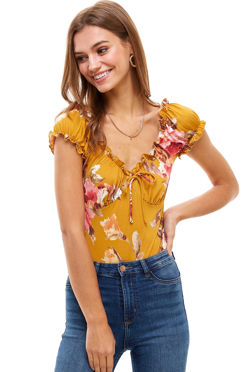 Floral Printed Peasant Style Bodysuit