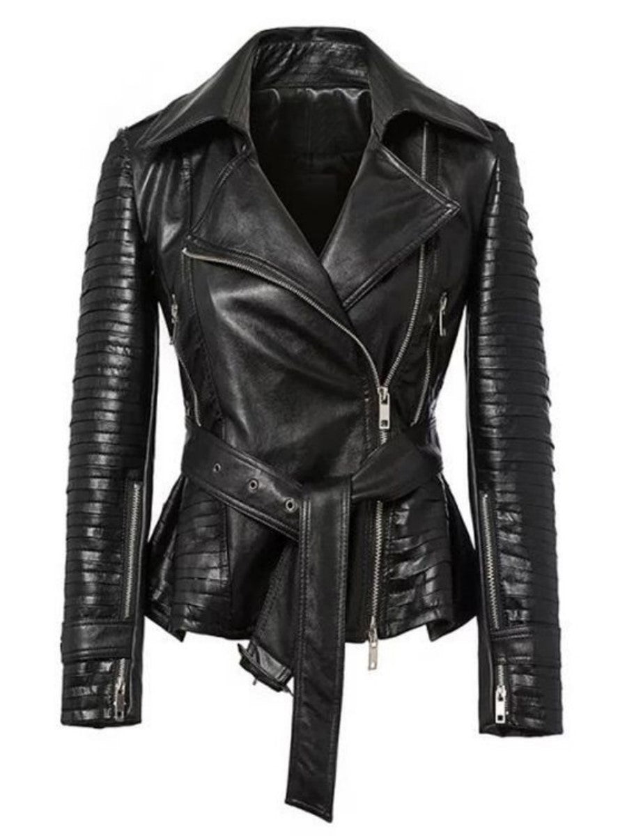 Women Real Lambskin Leather Biker Jacket KW358