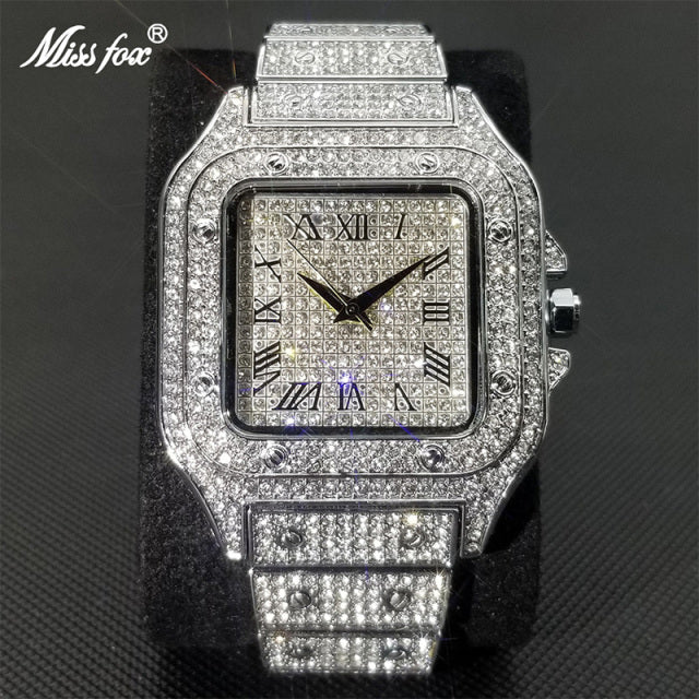 MISSFOX Ice Out Square Watch For Men Top Brand Luxury Full Diamond Mens Watches Ultra Thin Waterproof Hip Hop Clock Dropshipping