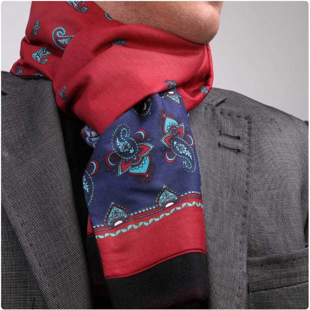 Red Blue Paisley  Mens Silk Scarf - Designer neck scarf for winters