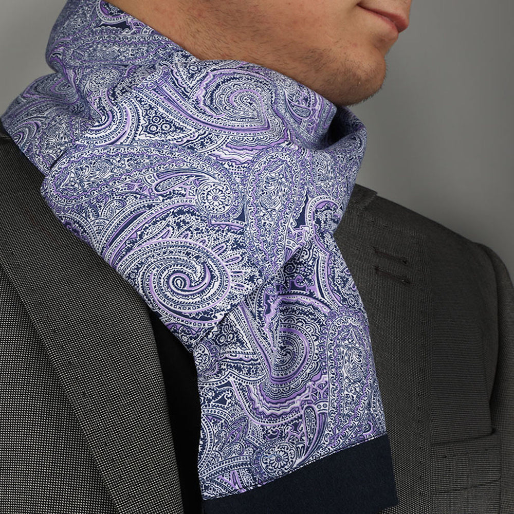 Purple Blue White Paisley Mens Silk Scarf - Designer neck scarf for