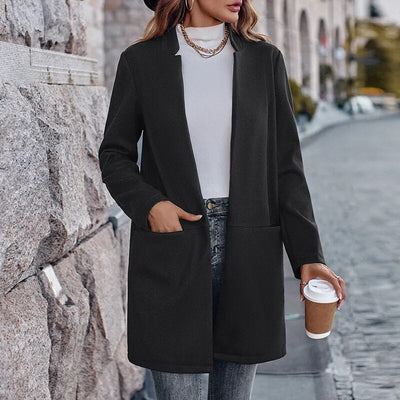 Solid Color Stand-up Collar Coats Women's Casual Long Sleeve Pocket