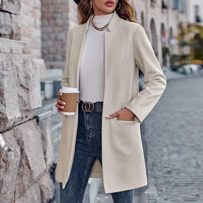 Solid Color Stand-up Collar Coats Women's Casual Long Sleeve Pocket