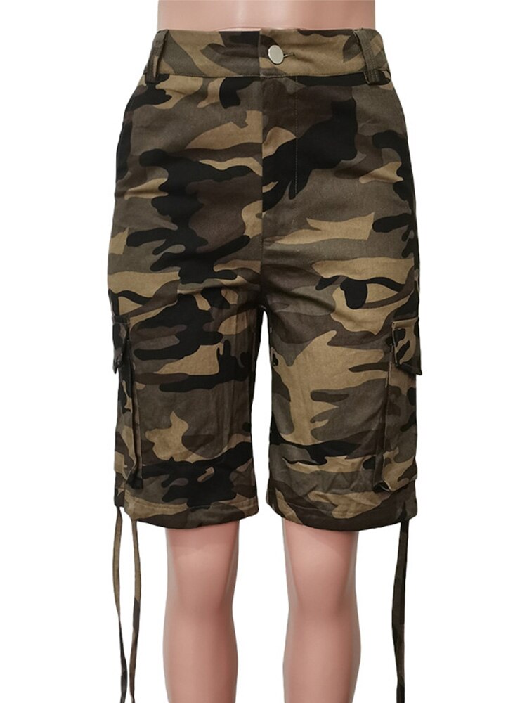 Camouflage Print Pocket Design Knee Length Pants (Without Belt)