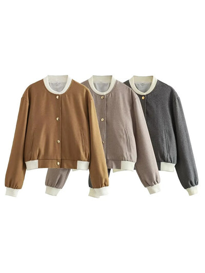 Women Bomber Jackets Coat Autumn Winter Single Breasted Camel Short