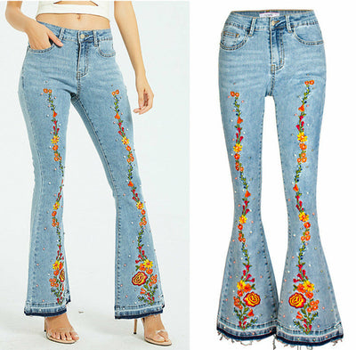 Embroidery Flare Jeans Elasticity Released Hem Jeans