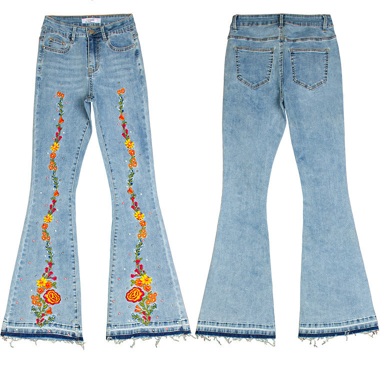 Embroidery Flare Jeans Elasticity Released Hem Jeans