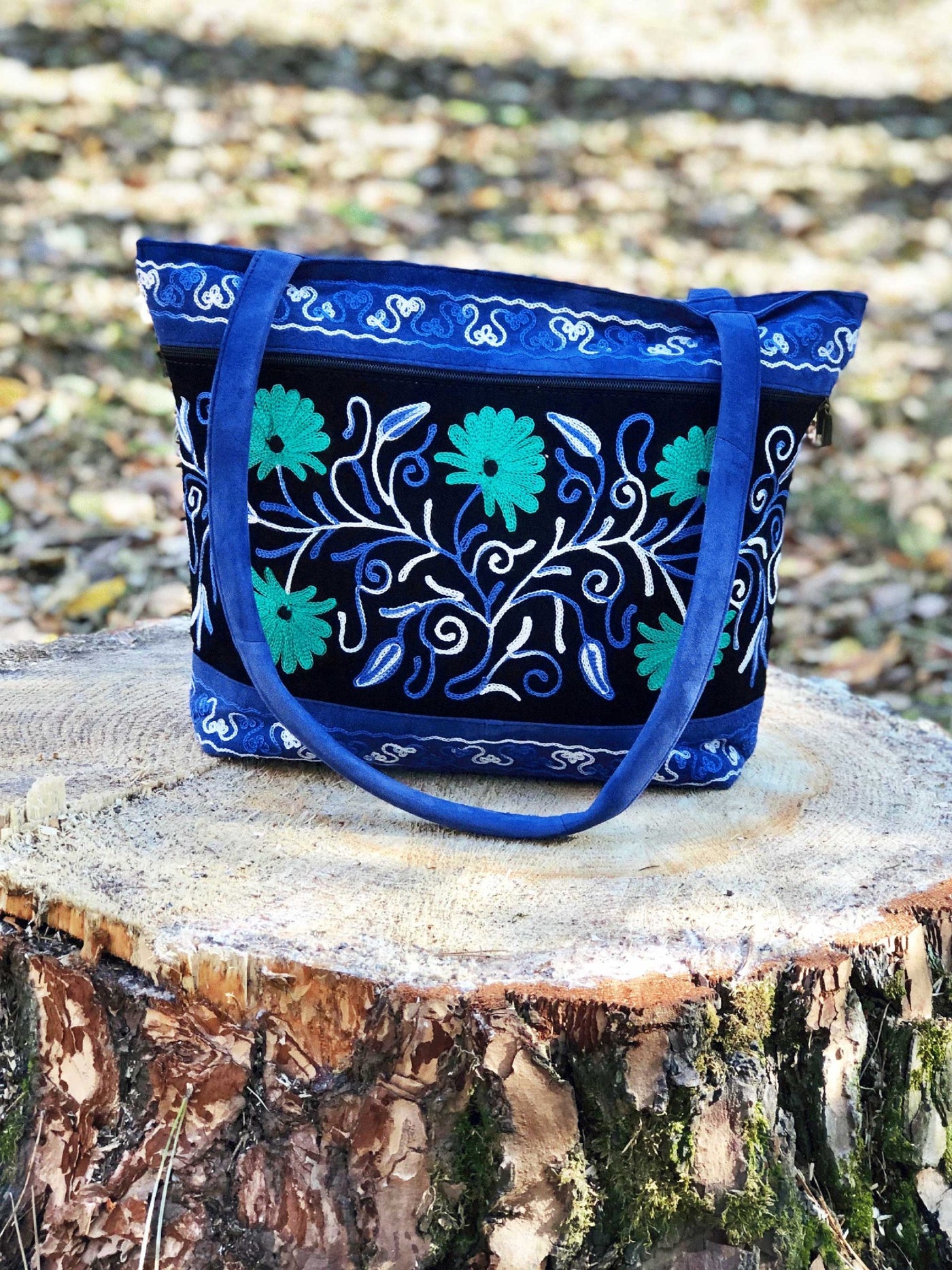 Handmade Black And Blue Suede Embroidered Tote Bag