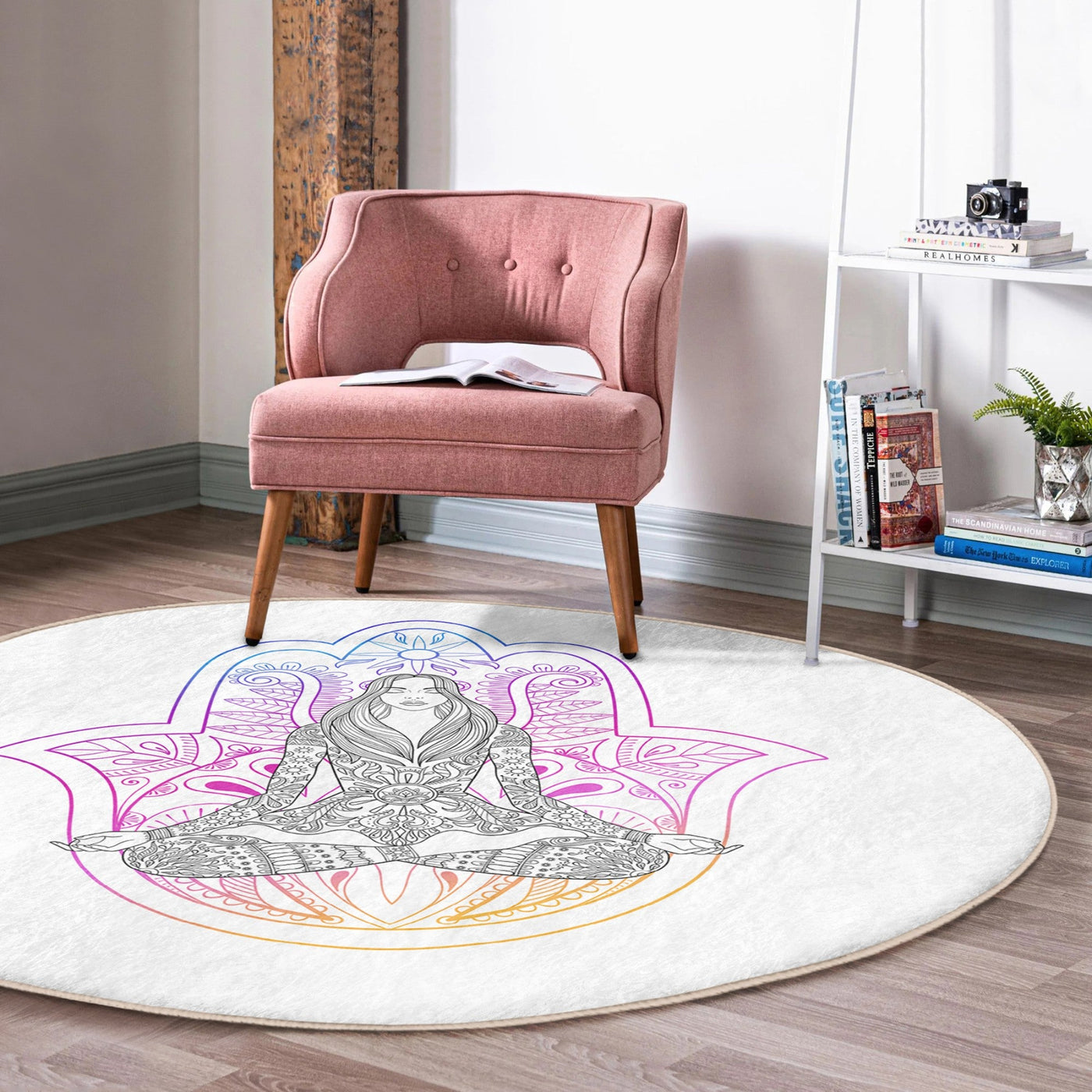 Serene Yoga Meditation Pattern Washable Round Rug | Homeezone