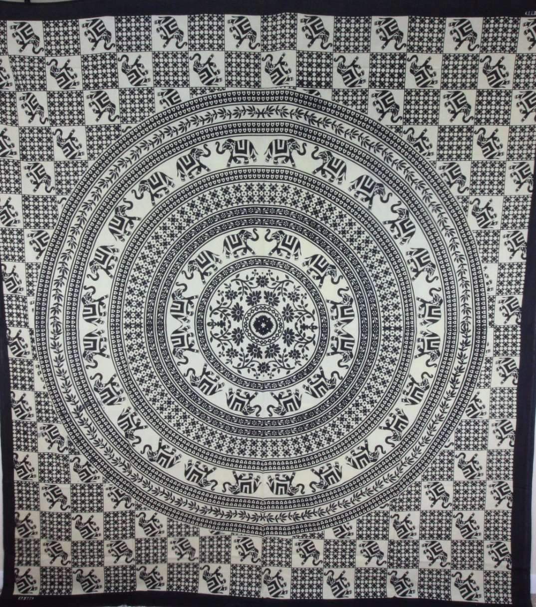 Checkerboard Floral & Elephant Mandala Tapestry