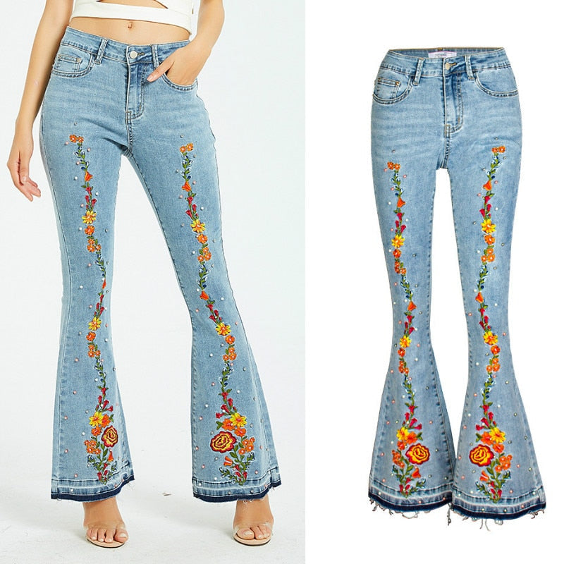 Embroidery Flare Jeans Elasticity Released Hem Jeans