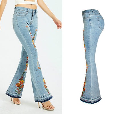 Embroidery Flare Jeans Elasticity Released Hem Jeans