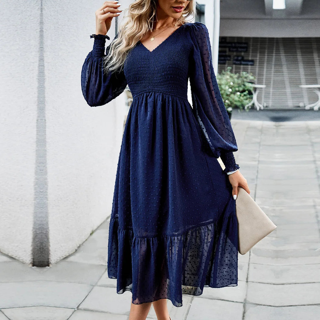 Women Spring Autumn V Neck Long Sleeve Solid Color A Line Dress For