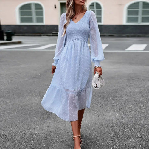 Women Spring Autumn V Neck Long Sleeve Solid Color A Line Dress For