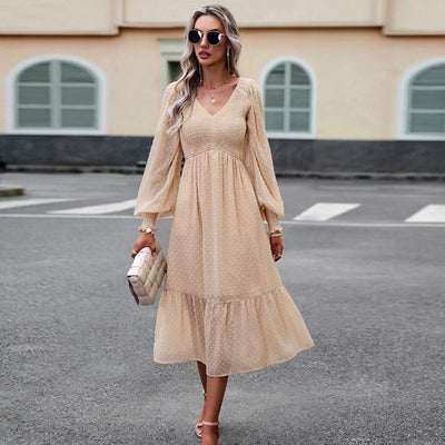 Women Spring Autumn V Neck Long Sleeve Solid Color A Line Dress For