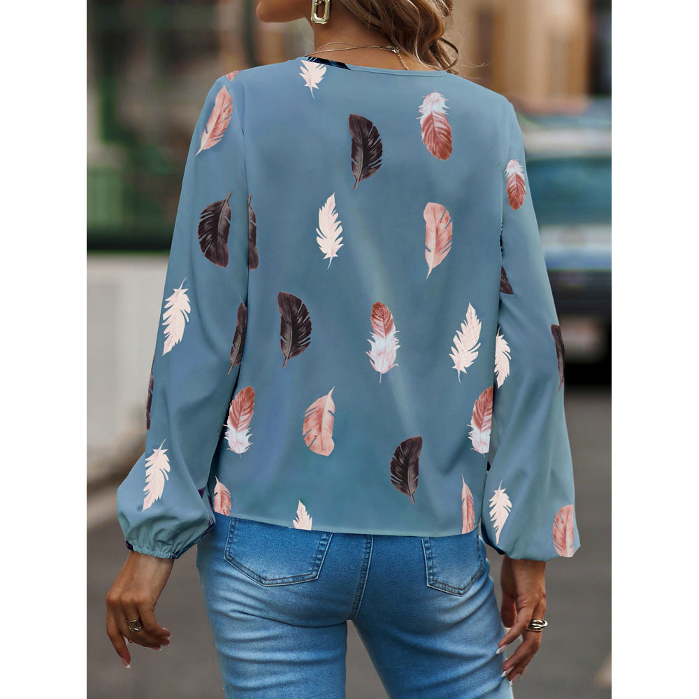 V-neck Feather Print Long-sleeved Loose T-shirt Women's Tops