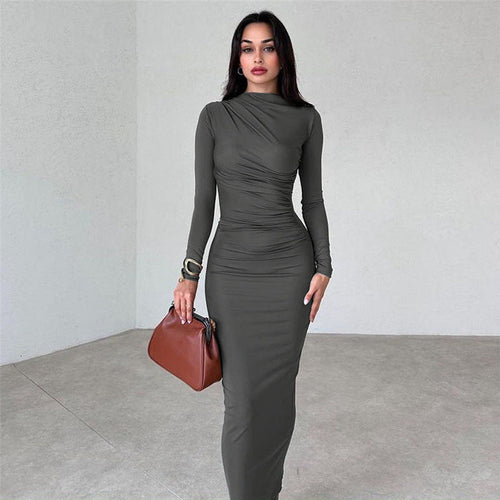 Autumn Winter Women Clothing Round Neck Long Sleeve Slim Sheath Solid