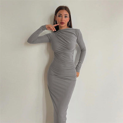 Autumn Winter Women Clothing Round Neck Long Sleeve Slim Sheath Solid