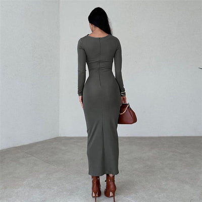 Autumn Winter Women Clothing Round Neck Long Sleeve Slim Sheath Solid