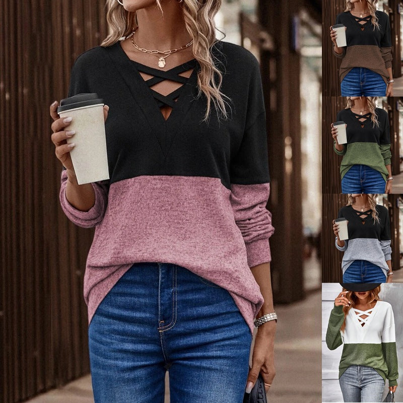 Cross-Color Block Drop-Shoulder Sleeve Casual T-Shirt